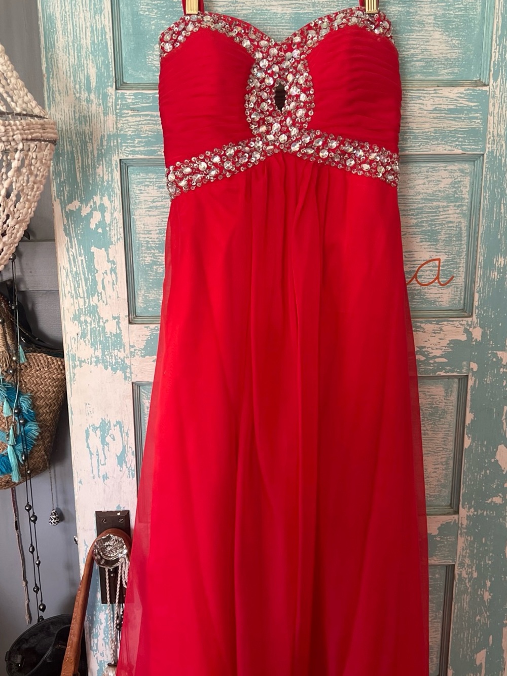 Strapless Red Beaded Evening Gown bridesmaid wedding prom formal black tie ready
